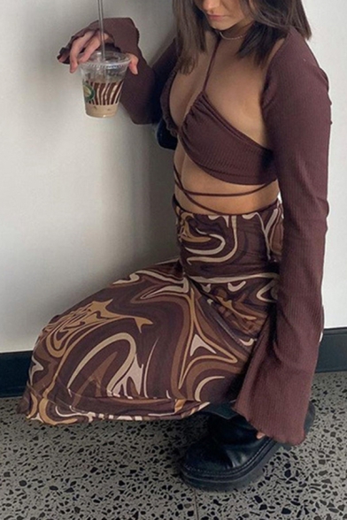 Trendy Womens Skirt Marble Pattern Bodycon Midi Skirt in Brown