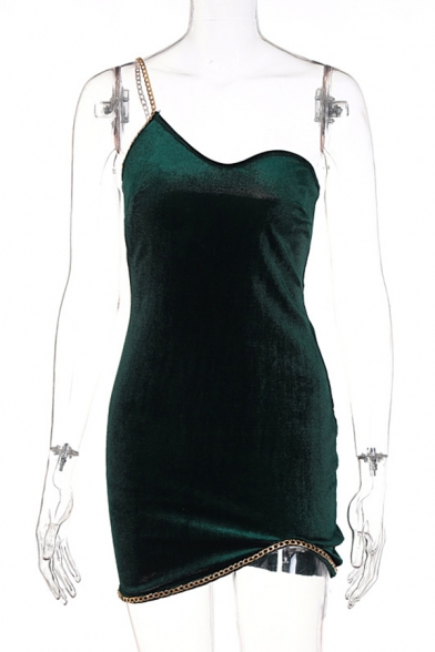Unique Womens Dress Plain Sleeveless One Shoulder Chain Detail Split Mini Slip Dress