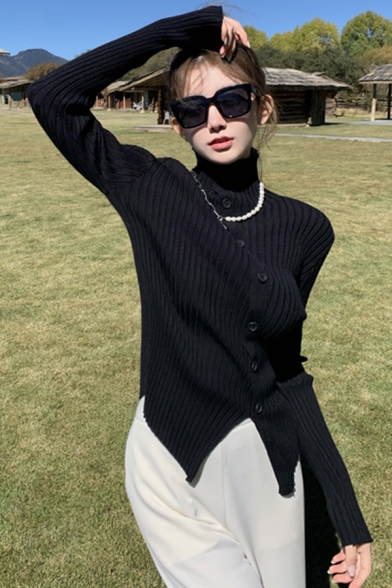 Unique Womens Knit Top Oblique Button Long Sleeve Asymmetrical Hem Slim Fit Sweater