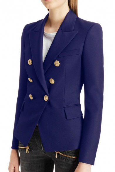 Vintage Ladies Blazer Plain Flap Pocket Lapel Collar Double Breasted Slim Fitted Suit Jacket