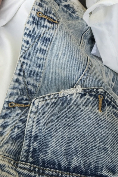Vintage Ladies Vest Faded Wash Spread Collar Button Closure Distressed Ripped Regular Fit Denim Vest