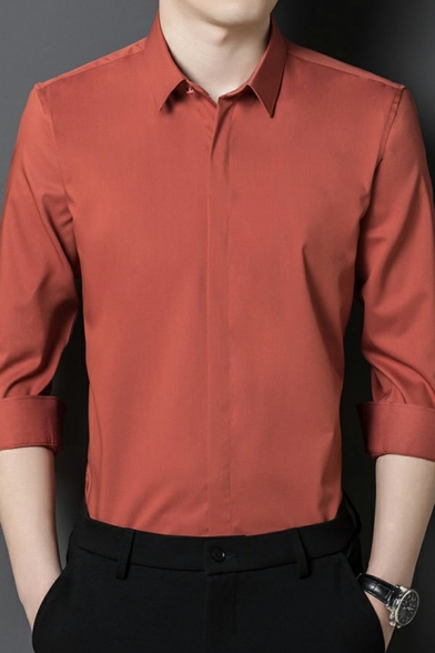 Basic Mens Shirt Plain Long Sleeve Turn-down Collar Regular Fit Button Shirt