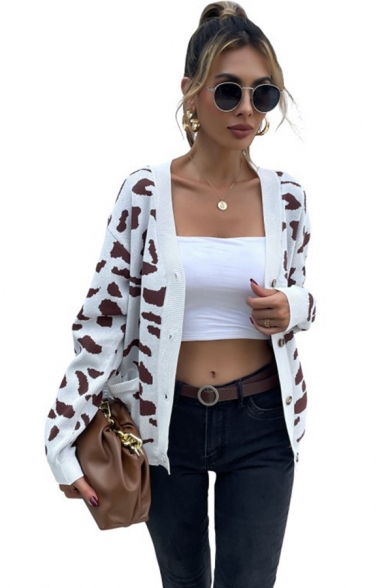 Chic V-Neck Cardigan Leopard Print Button Placket Regular Fit Long Sleeve Knitted Cardigan for Women