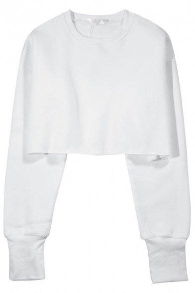 Classic Womens Sweatshirt Pure Color Round Neck Long Sleeve Cropped Pullover Sweatshirt