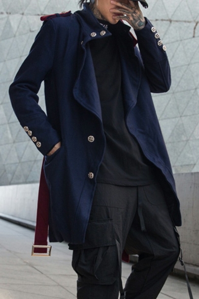 Cool Men Coat Pure Color Lace-up Lapel Collar Loose Long Sleeve Button Closure Trench Coat