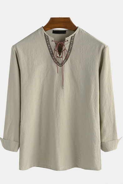 Dashing Shirt Print Long Sleeves Round Collar Regular Fit Lace-up Detailed Shirt for Men