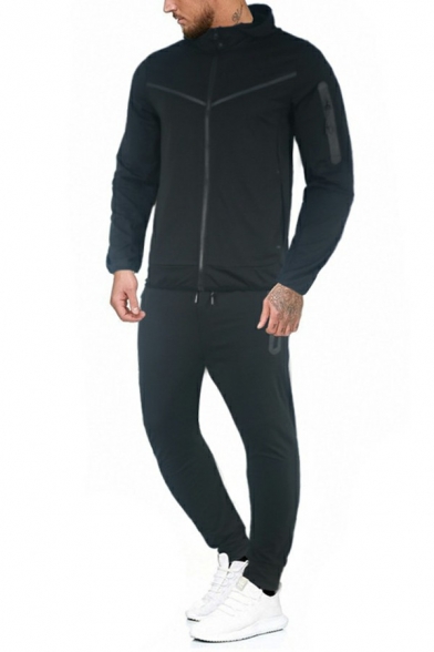 Edgy Co-ords Pure Color Long Sleeve Zipper Hoodie with Relaxed Pants Two Piece Set for Men