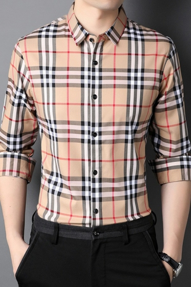 Edgy Mens Shirt Plaid Pattern Turn-down Collar Regular Fit Long Sleeve Button Fly Shirt