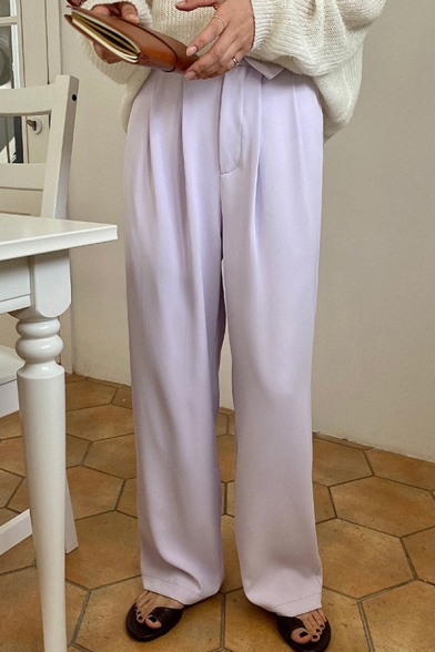 Elegant Ladies Pants Solid Zip Fly Pleated Detail High Rise Straight Cigarette Trousers