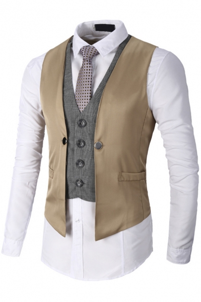 Fashion Suit Vest Contrast Color V-Neck Fake Two Pieces Skinny Button Up Suit Vest for Men