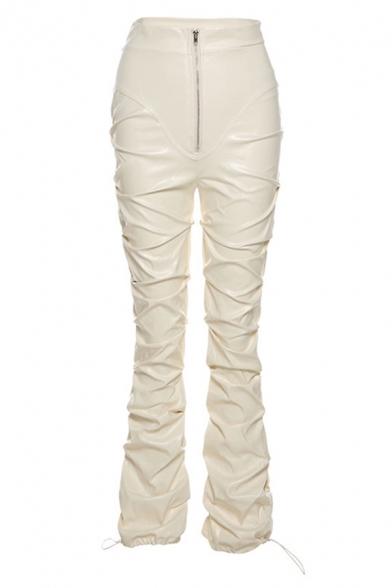 Funky Ladies PU Pants Solid Color Ruched High Waist Zip Up Drawstring Cuffs Long Straight Pants