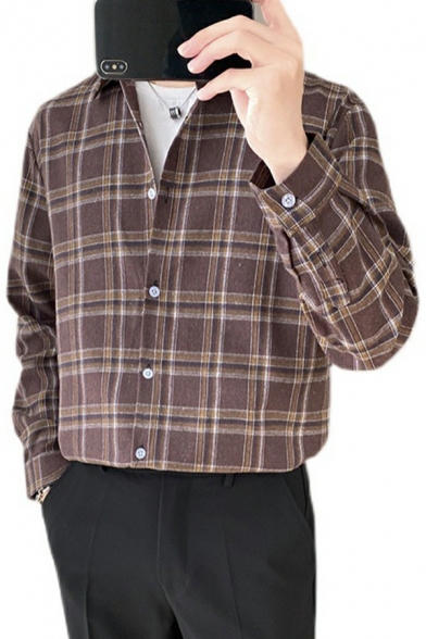 Guys Classic Shirt Plaid Pattern Button Up Spread Collar Long-sleeved Regular Fitted Shirt