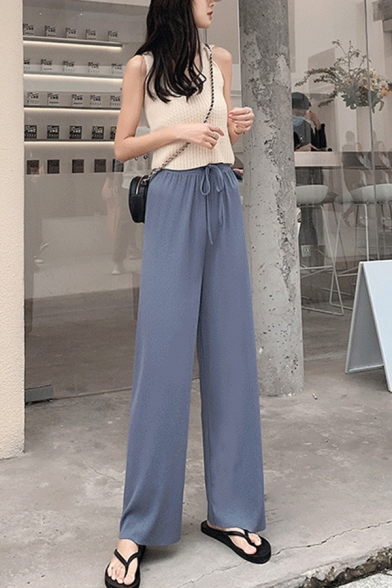 Leisure Womens Pants Solid Color Elastic Waist Drawstring High Rise Full Length Straight Pants
