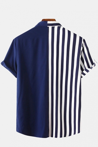 Men Casual Shirt Striped Print Contrast Color Spread Collar Short Sleeve Regular Button up Shirt