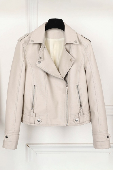 Popular Ladies Jacket PU Leather Notched Lapel Collar Zipper Fly Long Sleeve Slim Biker Jacket