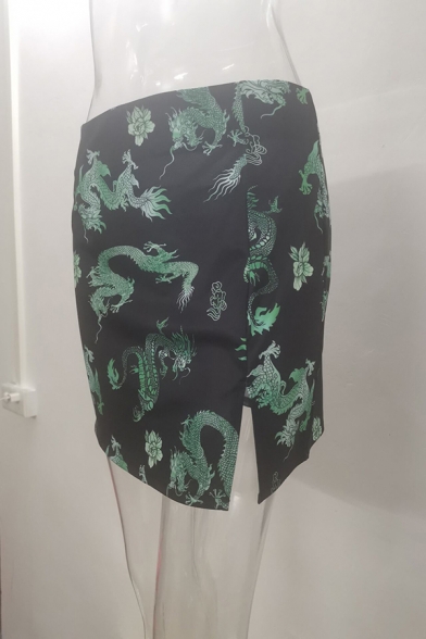 Retro Ladies Skirt Dragon Pattern High Waist Split Hem Slim Mini A-Line Skirt