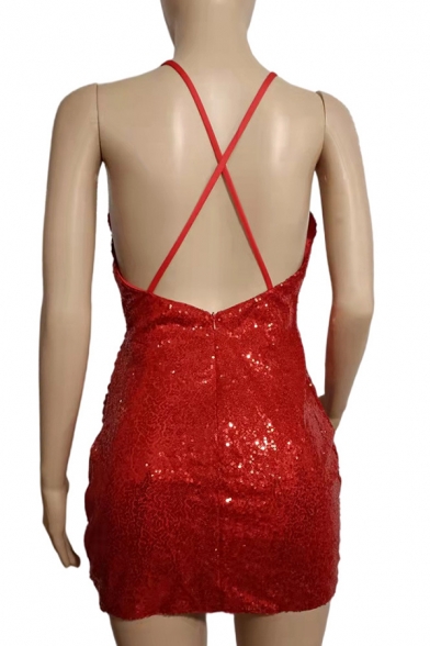 Sexy Cami Dress Solid V-Neck Sequined Spaghetti Strap Slim Fit Mini Womens Dress