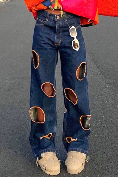 Street Style Girls Jeans Darkwash Blue Zip Fly Low Rise Destroyed Hole Full Length Straight Jeans