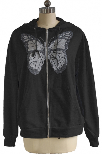 Stylish Girls Hoodie Butterfly Pattern Rhinestone Detail Zip Up Drawstring Oversized Hoodie