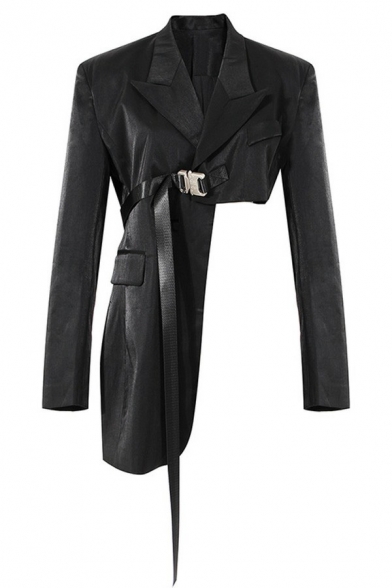 Stylish Womens Crop Blazer Plain Lapel Collar Buckle Detail Asymmetric Hem Slim Fit Blazer in Black