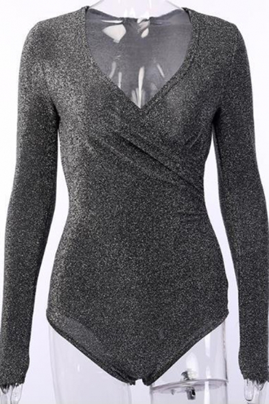 Trendy Glitter Bodysuit V Neck Long Sleeve Slim Fit Bodysuit for Ladies
