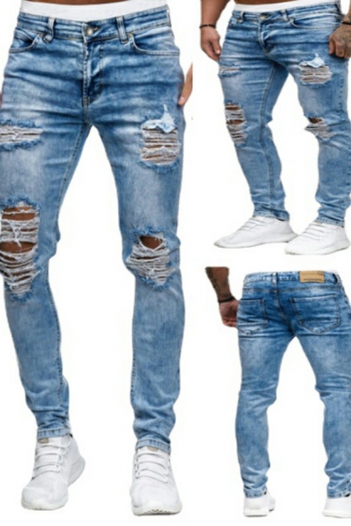 Vintage Mens Jeans Plain Knee Hole Design Medium Wash Zipper Skinny Fit Jeans