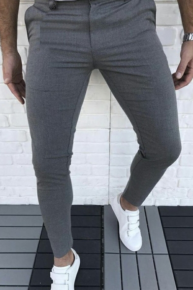 Vintage Mens Pants Solid Color Zipper Placket Mid Rise Full Length Skinny Fit Pants