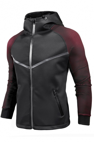 Breathable Mens Coat Contrast Line Zip Closure Long Sleeve Skinny Fit Coat with Hood