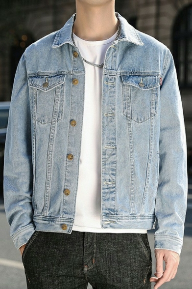 Casual Boy's Jacket Plain Spread Collar Button Closure Loose Fit Denim Jacket with Pocket