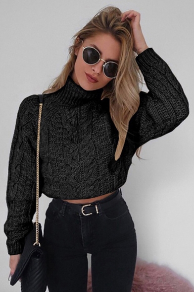 Casual Womens Sweater Plain Cable Knit High Neck Long Sleeve Oversized Cropped Sweater