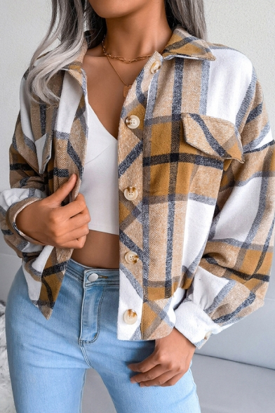 Chic Womens Jacket Plaid Spread Collar Single Breasted Long Puff Sleeve Oversized Jack
