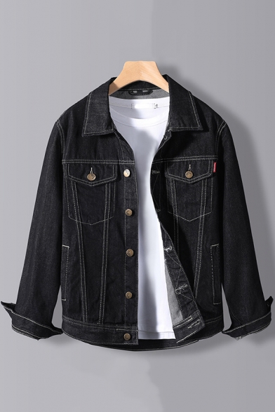 Fashionable Jacket Plain Button Closure Long Sleeves Lapel Collar Denim Jacket for Boys