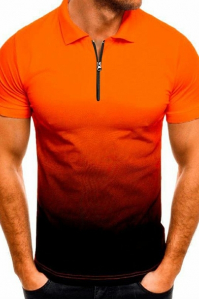 Freestyle Polo Shirt 3D Ombre Print Spread Collar Short Sleeve Slim Zip Polo Shirt for Men