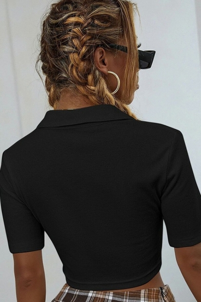 Hot Womens Polo Shirt V-Neck Short Sleeve Slim Fit Cropped Knit Polo Shirt