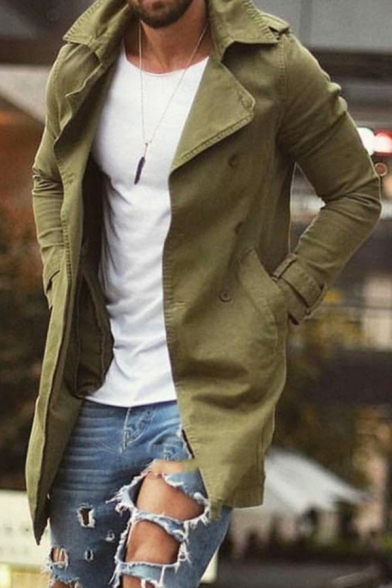 Leisure Guy's Coat Solid Color Lapel Collar Regular Long Sleeve Button Down Trench Coat