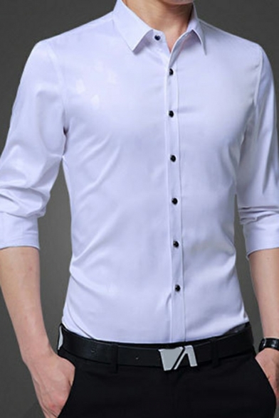 Leisure Mens Shirt Plain Turn-down Collar Long-Sleeved Regular Button Placket Shirt