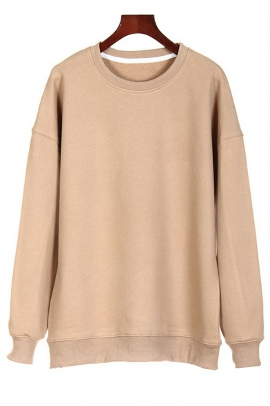 Leisure Womens Sweatshirt Solid Color Round Neck Drop Shoulder Long Sleeve Oversized Sweatshirt