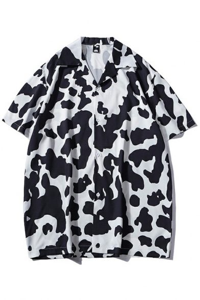 Men Novelty Shirt Cows Pattern Button Closure Short Sleeves Notched Collar Baggy Shirt