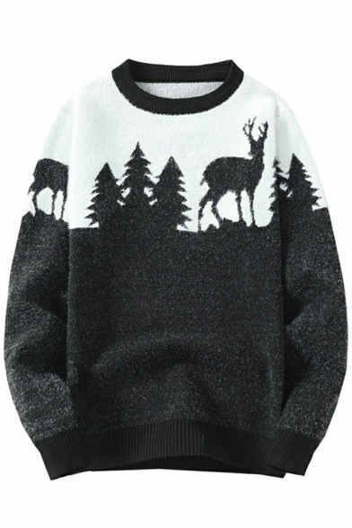Mens Pop Sweater Deer Pattern Rib Hem Long Sleeves Loose Round Collar Pullover Sweater