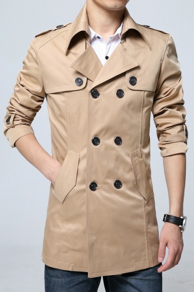 Mens Trench Coat Simple Plain Double Breasted Long Sleeve Lapel Collar Regular Fit Trench Coat
