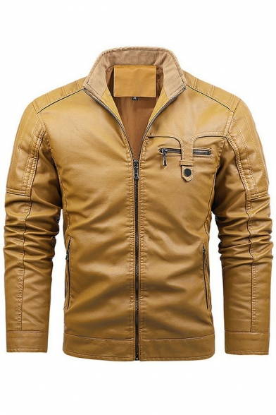Mens Vintage Jacket Solid Pocket Stand Collar Long Sleeves Skinny Zipper Leather Jacket