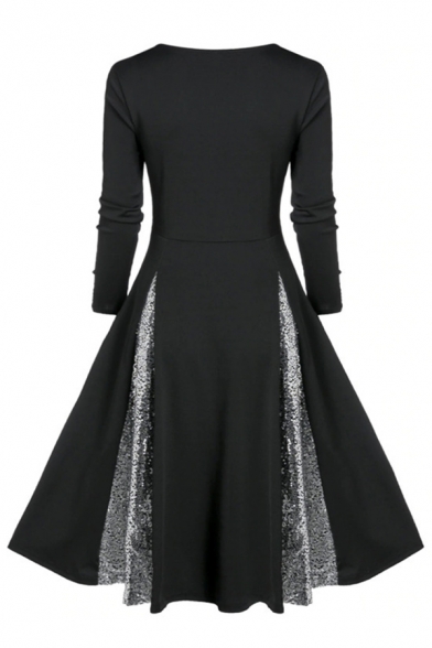 Retro A-Line Dress Color Block Scoop Neck Long Sleeve Floor Length Womens Dress