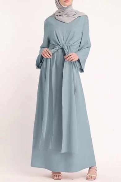 Retro Dress Plain Long Sleeve Crew Neck Lace-Up A-Line Maxi Dress for Women
