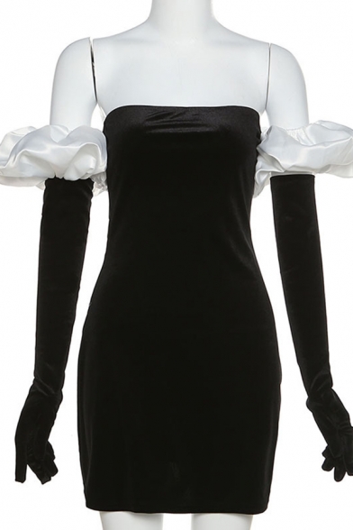 Sexy Women Velvet Strapless Dress Long Puff Sleeve Off Shoulder Bodycon Elegant Evening Party Mini Dresses