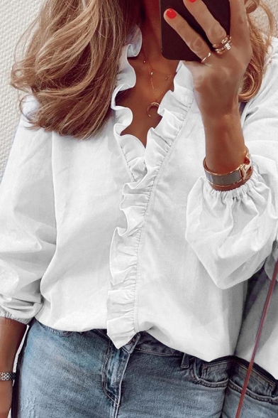Simple Ladies Shirt V-Neck Solid Color Ruffles Decorated Elastic Cuff Long-Sleeved Shirt