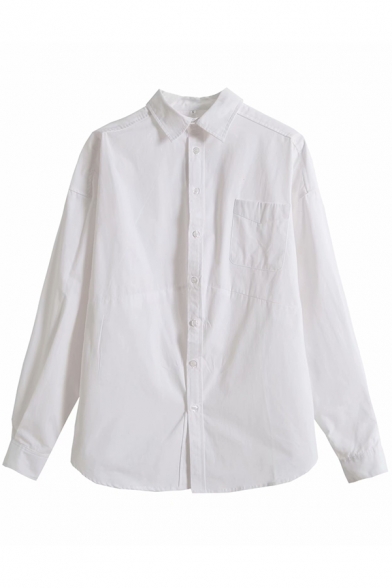 Simple Womens Shirt Solid Lapel Collar Button Down One Pocket Long-Sleeved Relaxed Shirt