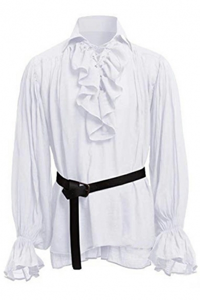 Stylish Guy's Pure Color Shirt Ruffle Frill Collar Long-Sleeved Slim Fitted Lace-up Shirt
