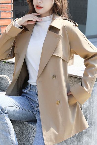 Stylish Trench Coat Plain Notched Lapel Collar Tied Waist Double Breasted Regular Fit Trench Coat for Ladies