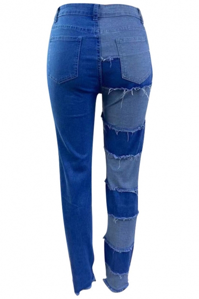 Stylish Womens Pants High Waist Zip Up Color Block Contrast Panel Raw Detail Long Straight Denim Pants
