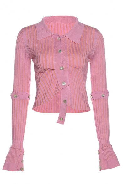 Trendy Girls Cardigan Plain Spread Collar Button Down Long Detachable Sleeve Straight Cardigan